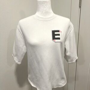 Ell and Emm White Short Sleeve Sweatershirt Top with Black E Patch